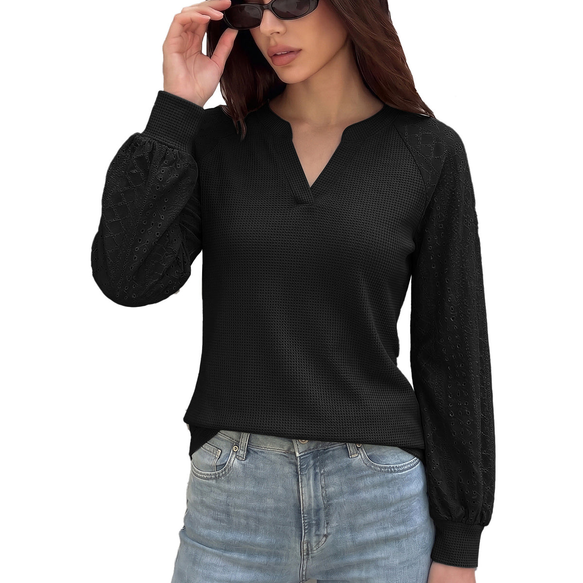 Women's Waffle Knit Eyelet Sleeve V Neck Top