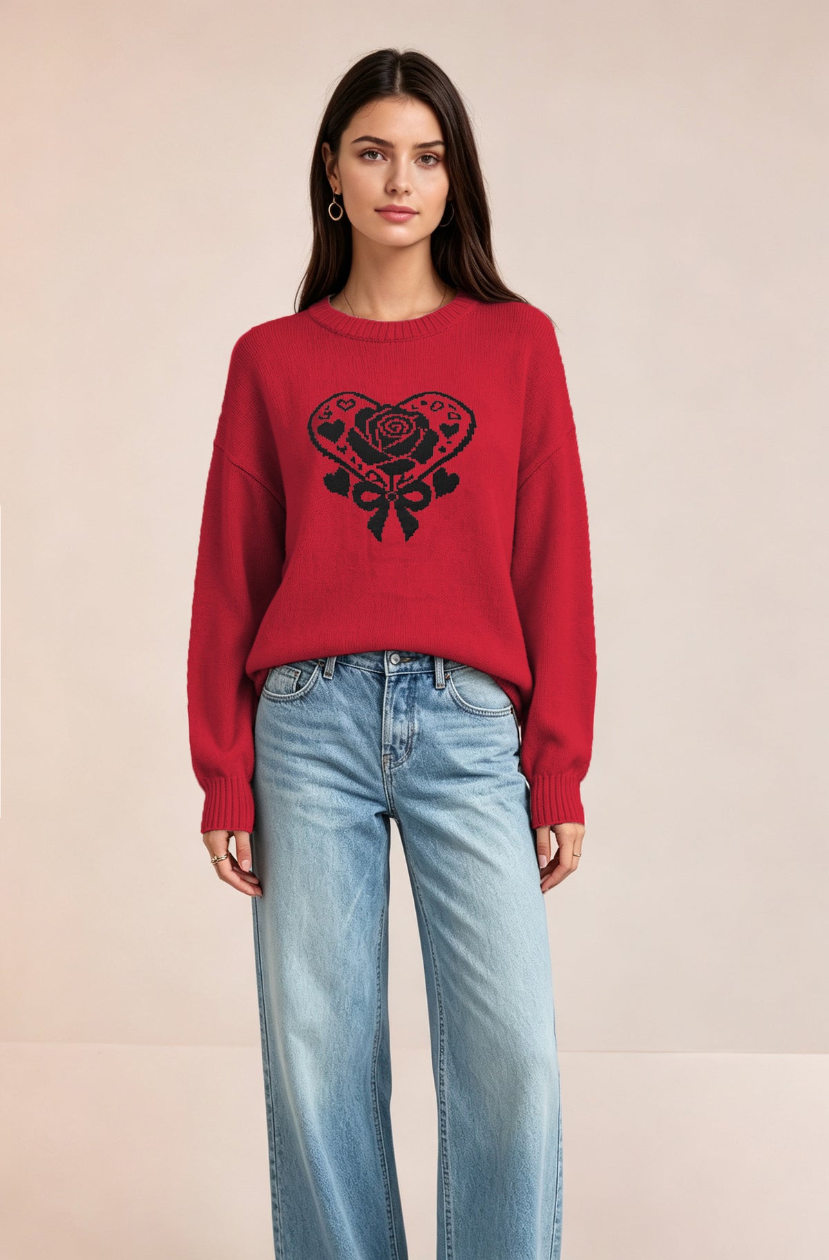 Women's Heart Graphic Crewneck Knit Pullover Sweater