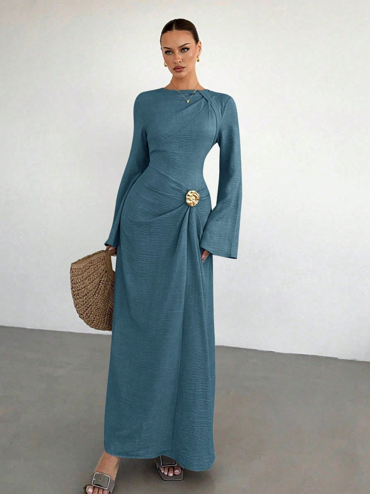 Women's Bell Sleeve Ruched Maxi Dress Gold Button