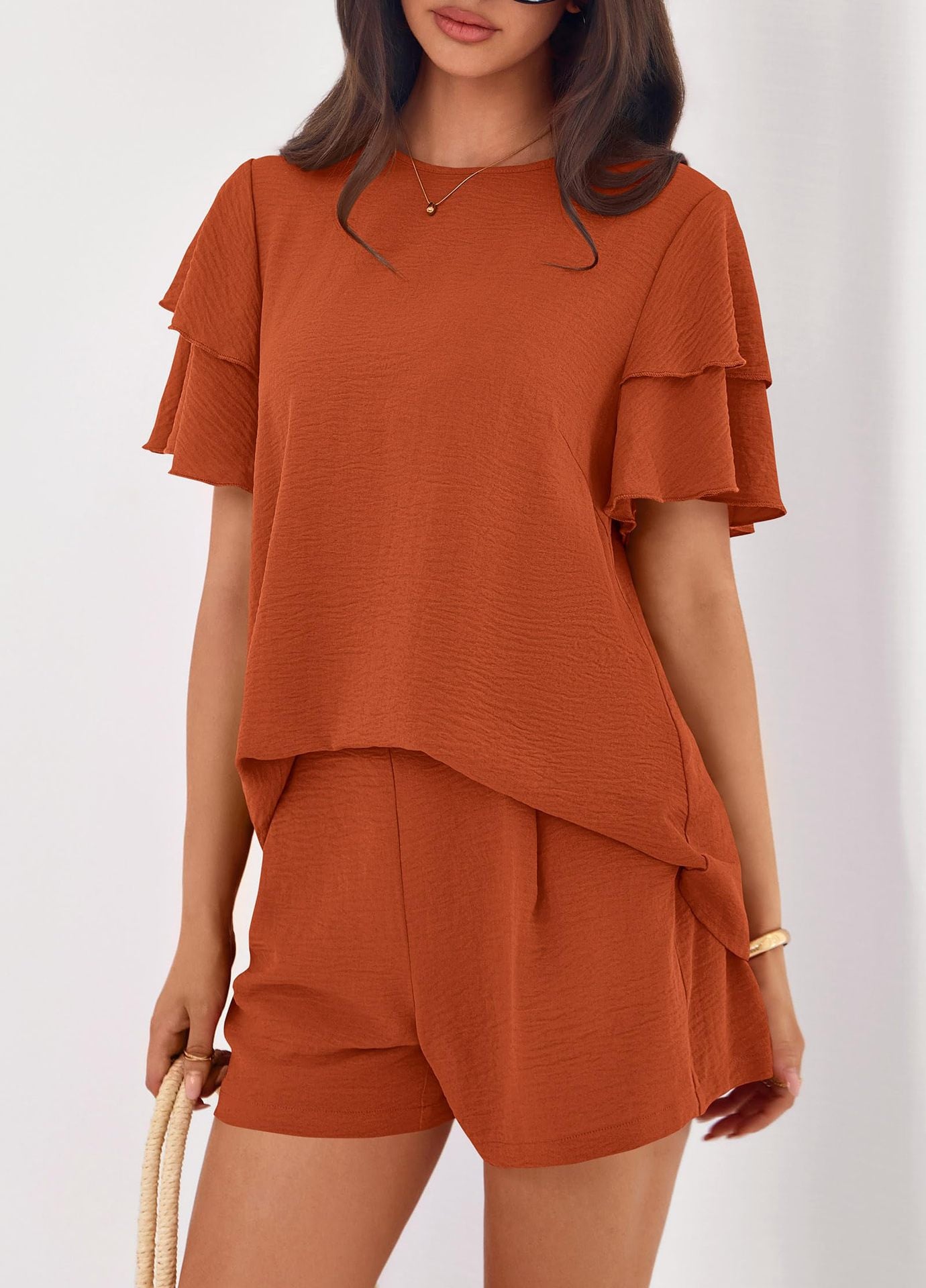 Casual Solid Ruffle Sleeve Short Set Lounge Outfit