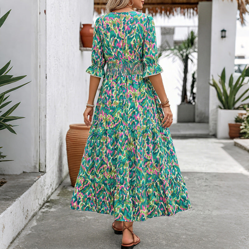Abstract Cotton Maxi Dress Resort V Neck Tiered