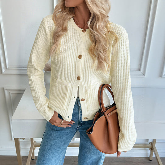 Solid Knit Cardigan with Pockets Long Sleeve Sweater