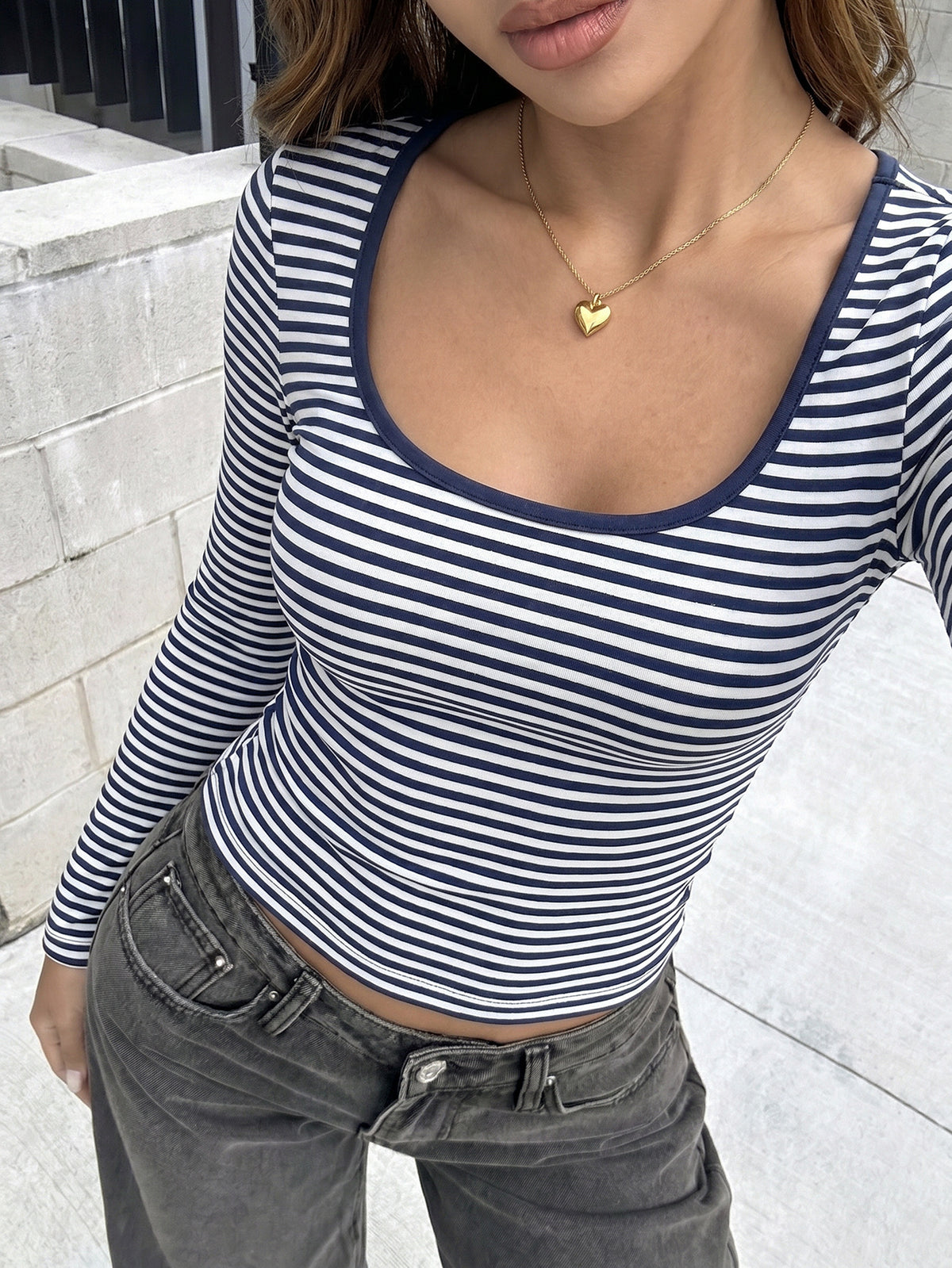 Women's Square Neck Striped Long Sleeve Crop Top