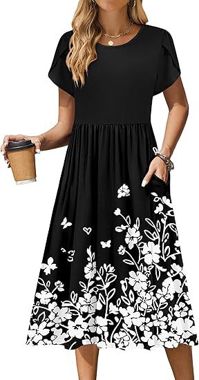 Boho Floral Midi Dress for Women Round Neck Short Sleeve