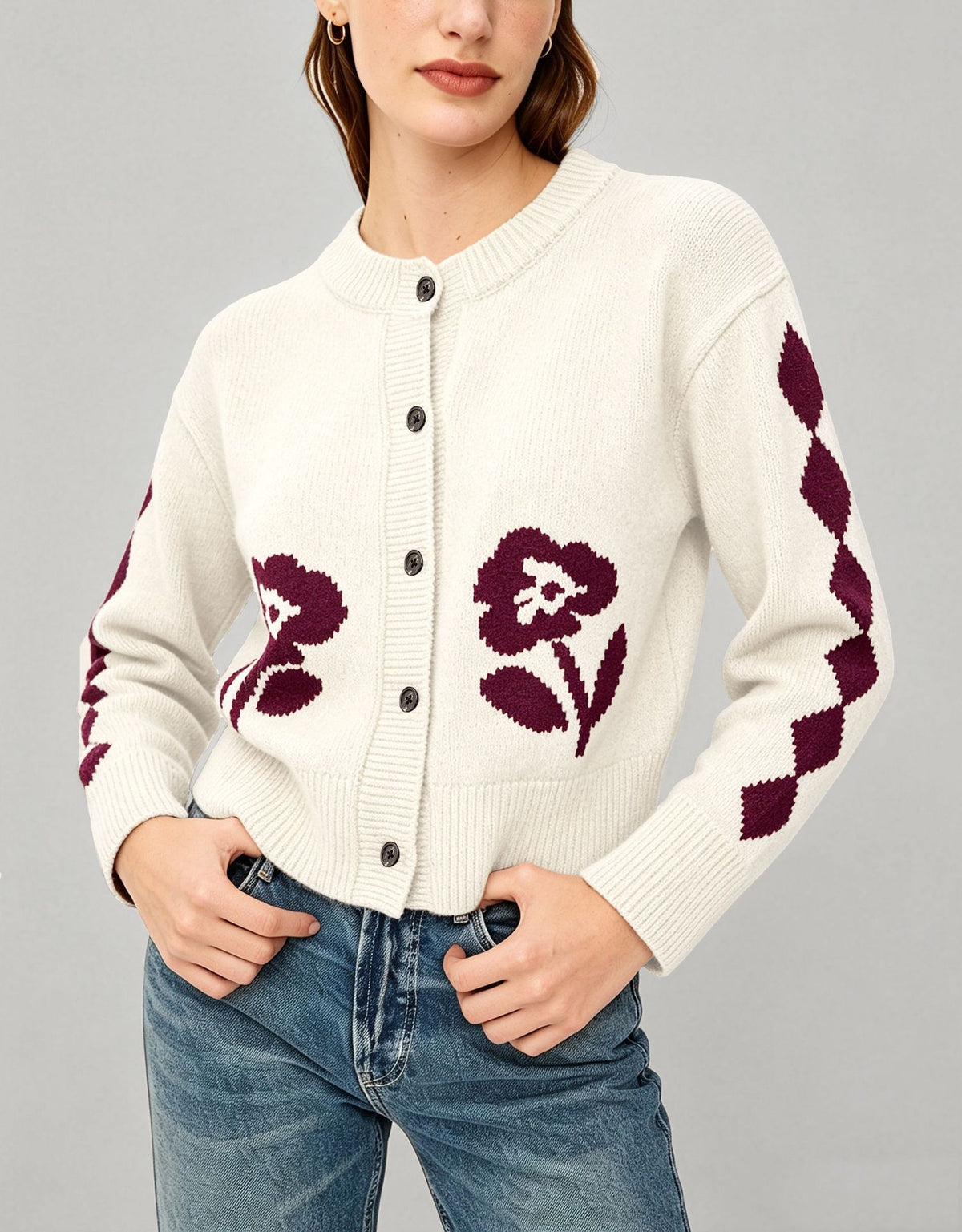 Women's Vintage Floral Cropped Knit Cardigan Button Up