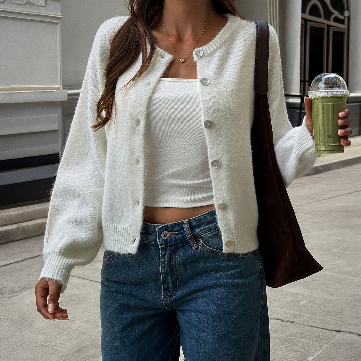 Cropped Cardigan Balloon Sleeve Button Front Cozy Sweater