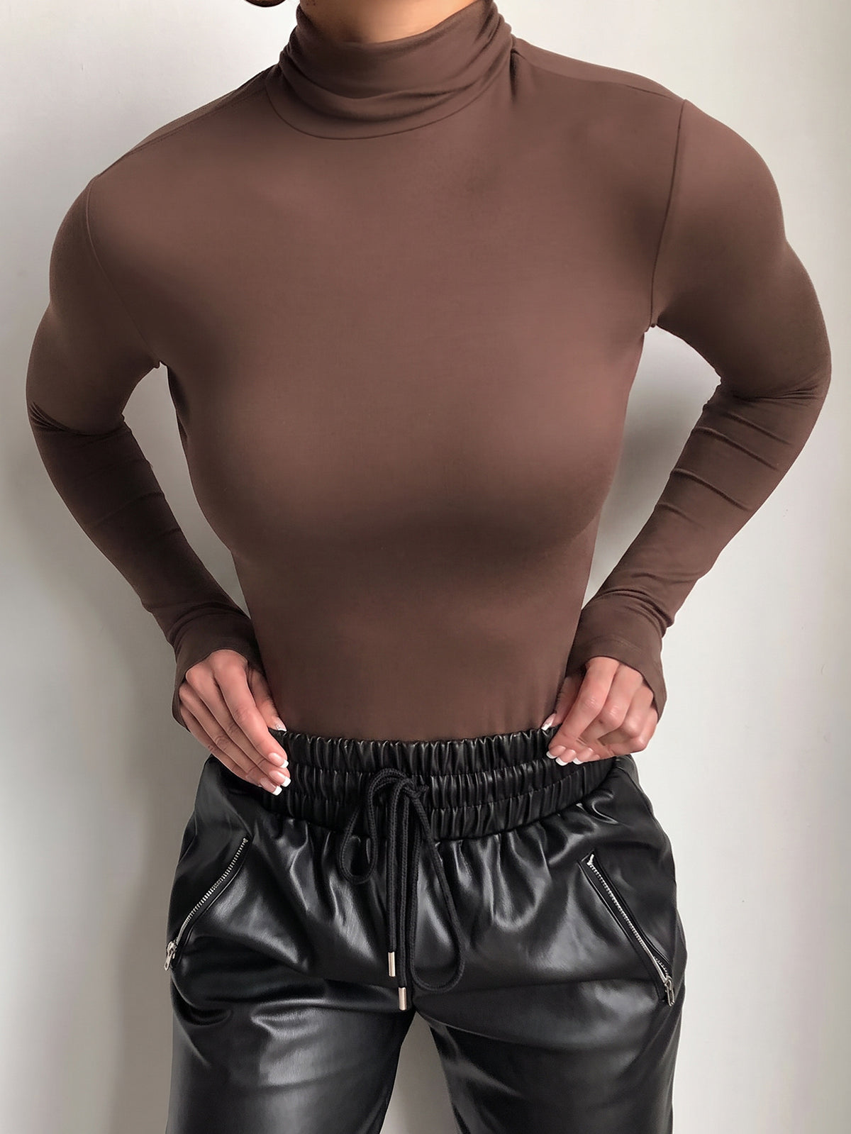 Brown Mock Neck Long Sleeve Fitted Crop Top
