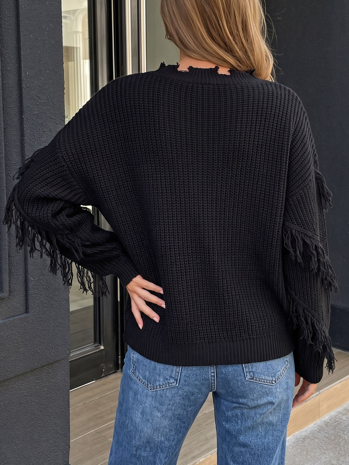 Women's Oversized V Neck Fringe Chunky Knit Sweater