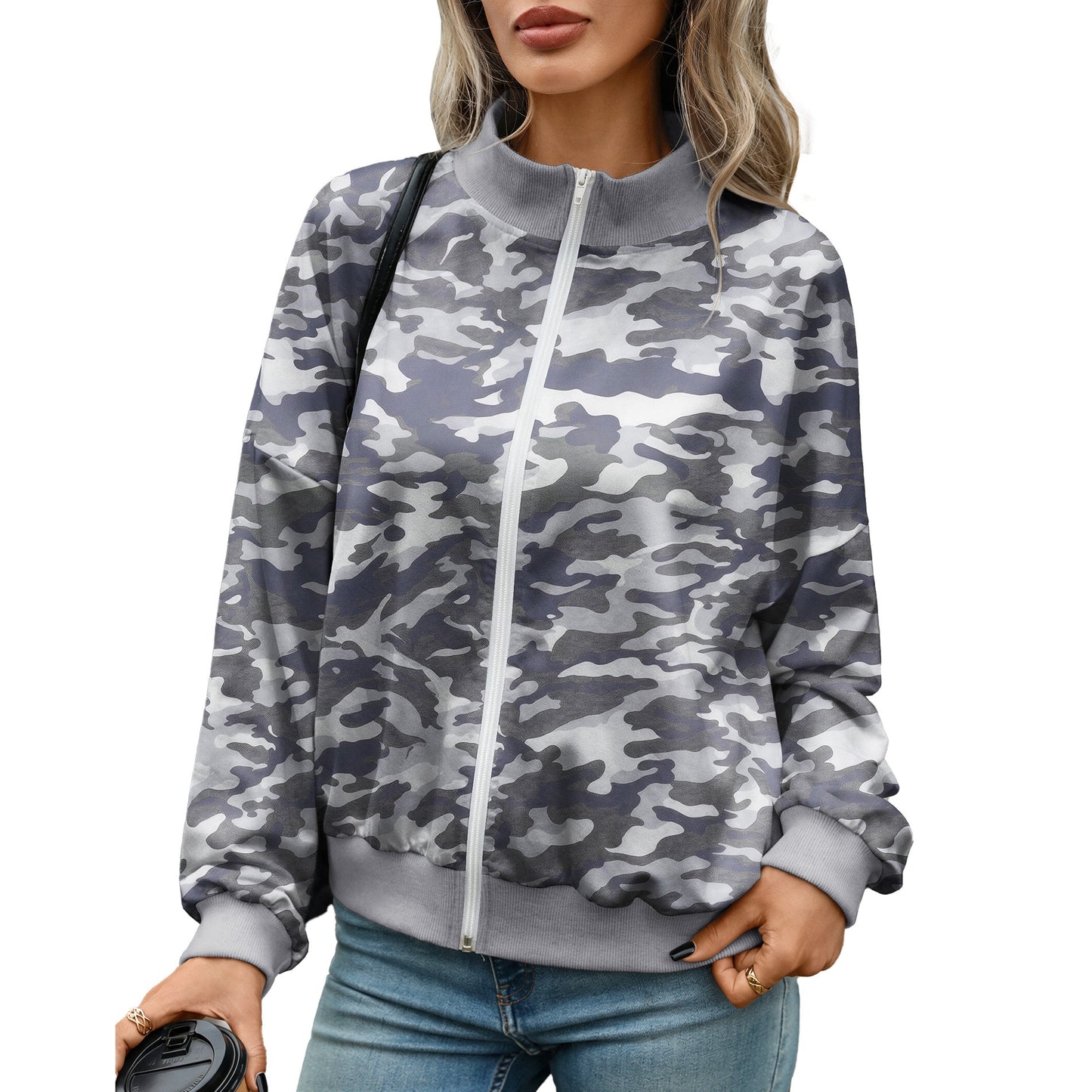 Women's Oversized Printed Zip Up Sweatshirt Mock Neck