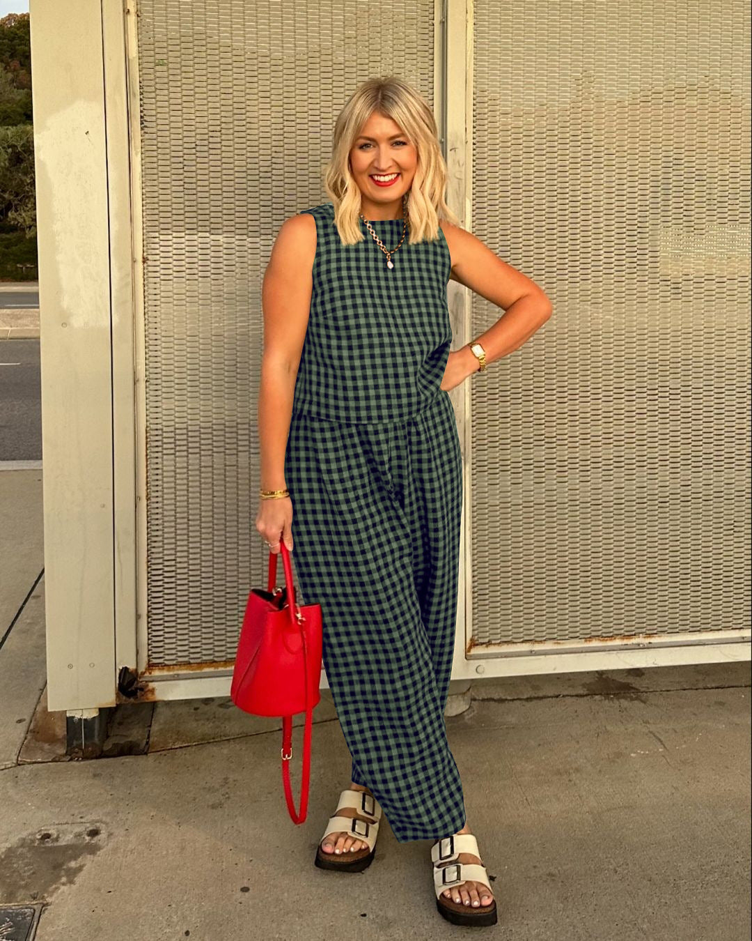 Women's Plaid Sleeveless Top & Pants Two Piece Set