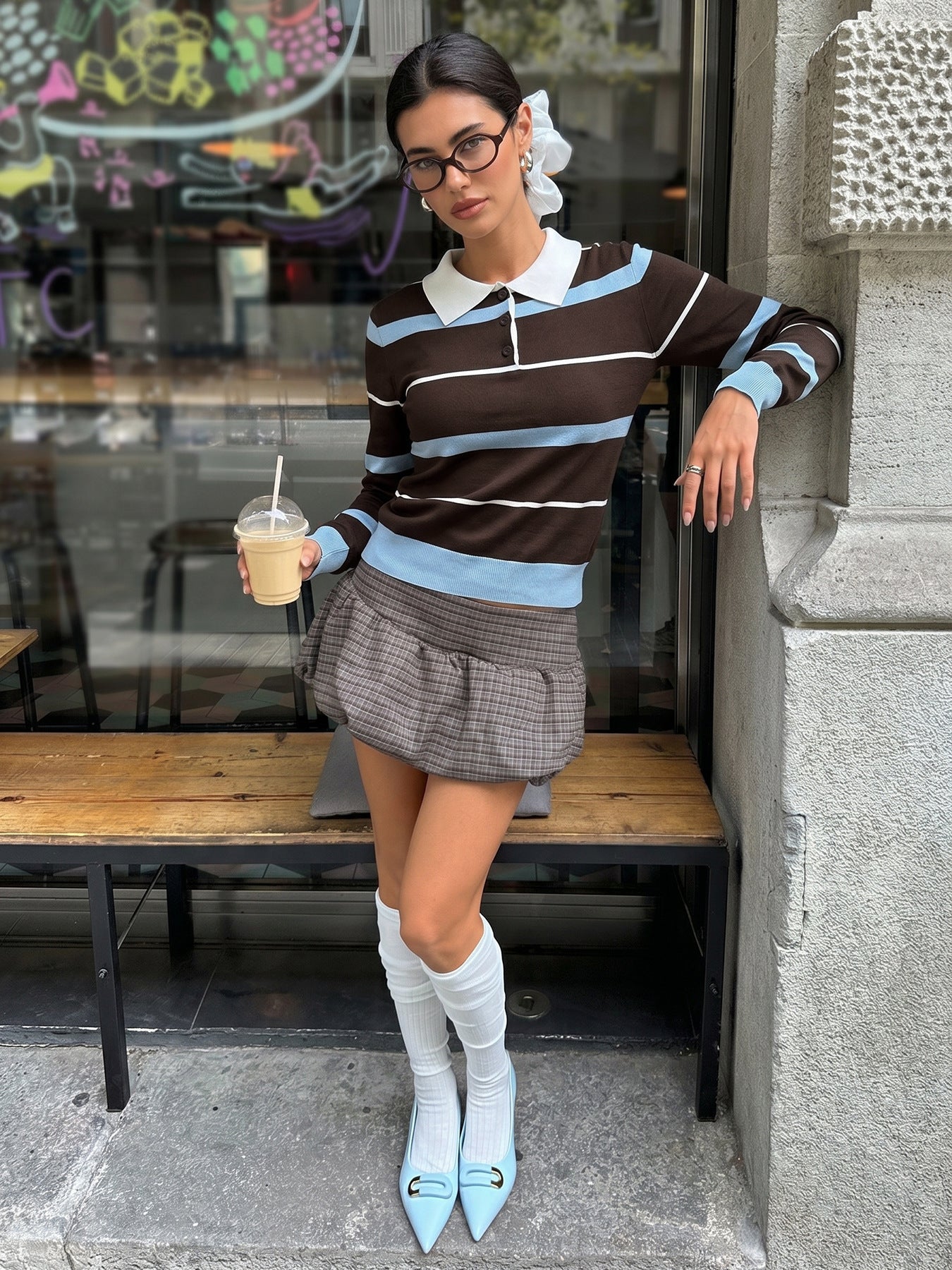 Striped Viscose Sweater Preppy Polo Long Sleeve