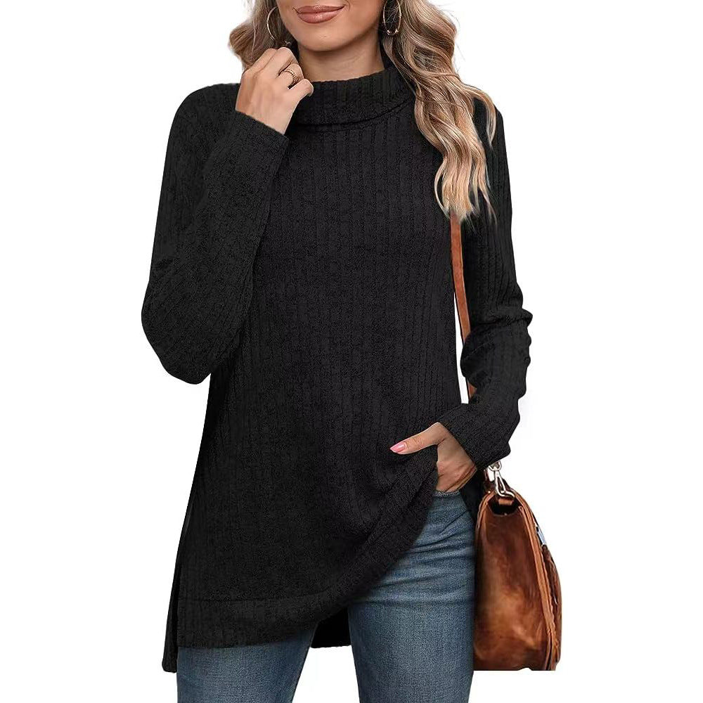 Women's Oversized Ribbed Turtleneck Long Sleeve Slit Tunic