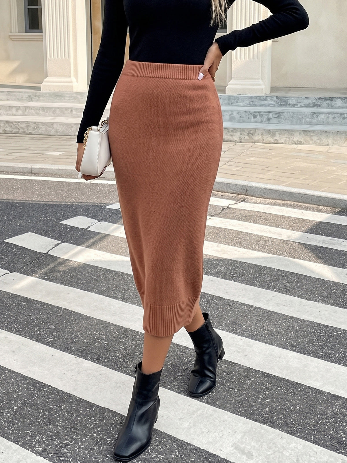 Women's Ribbed Knit Bodycon Midi Pencil Skirt