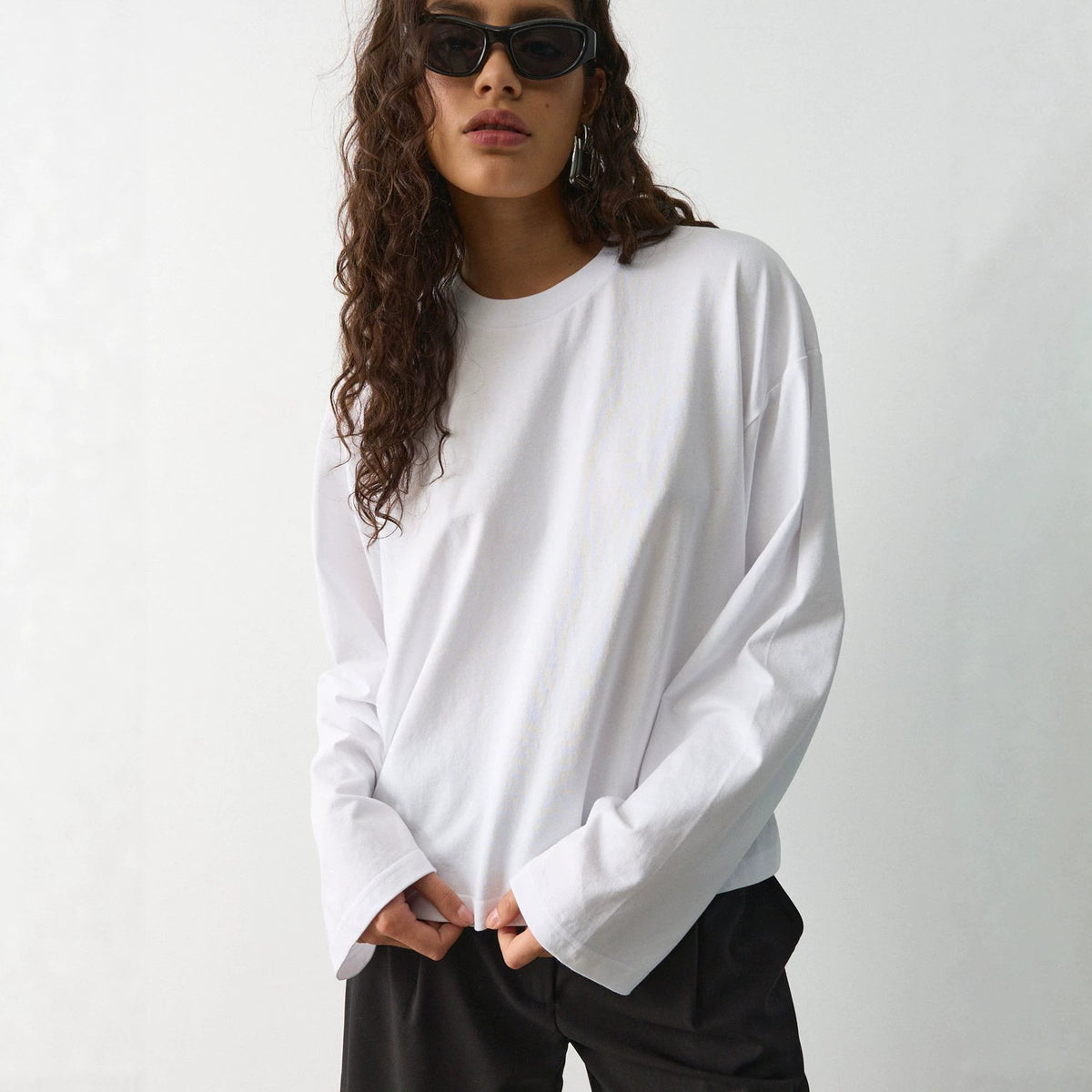 Women's Oversized Drop Shoulder Long Sleeve Cotton T-Shirt