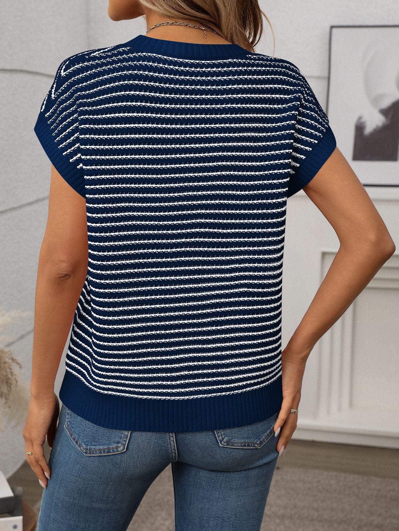 Red Stripe Lightweight Knit Short Sleeve Sweater Top