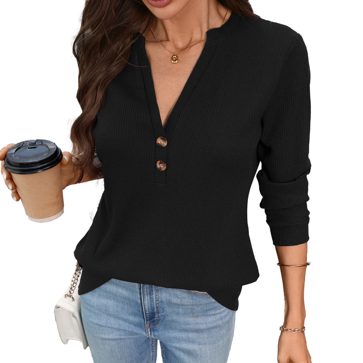 Waffle Knit V Neck Henley Long Sleeve Tunic Top