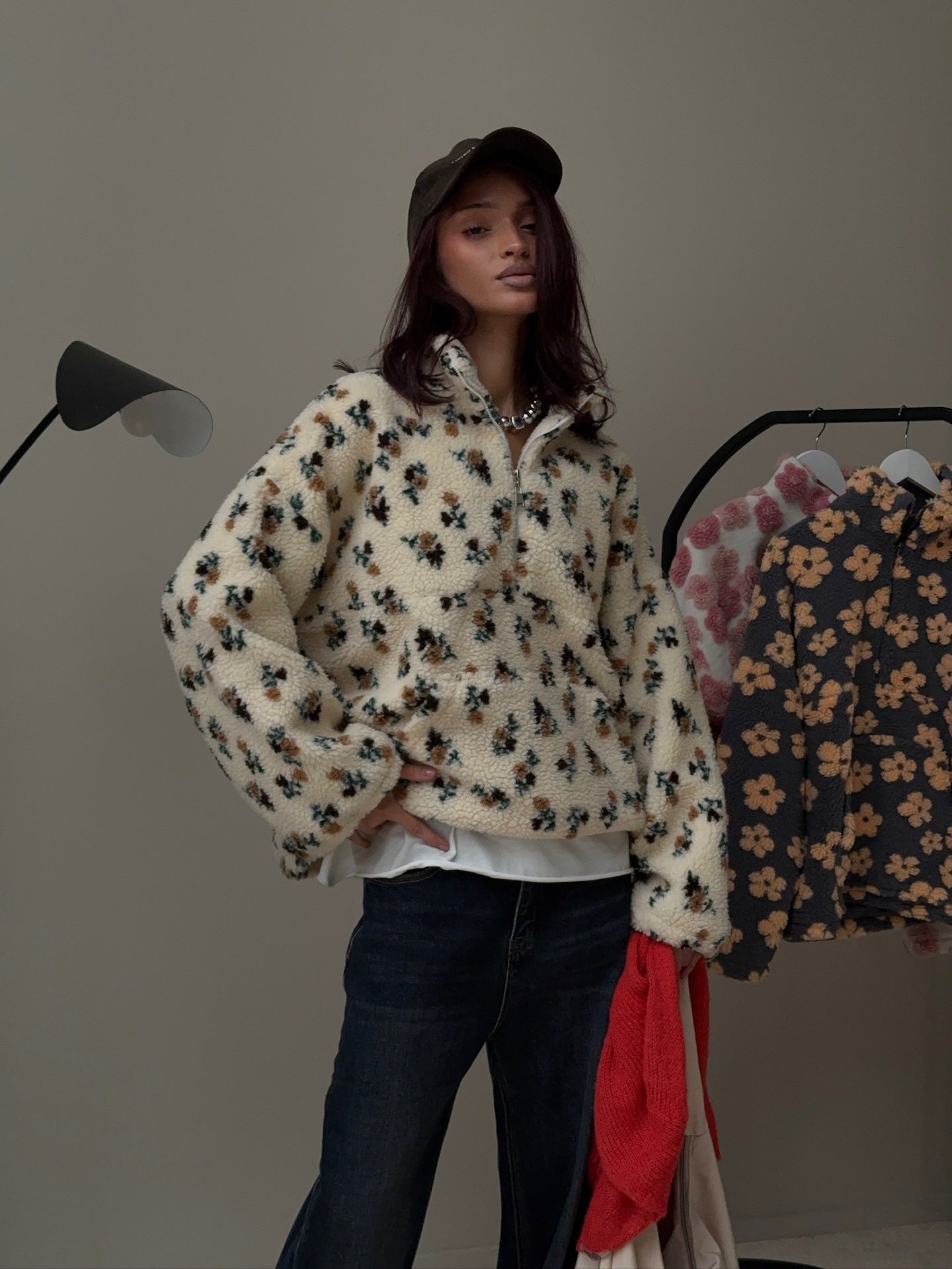 Floral Sherpa Pullover Half Zip Sweatshirt
