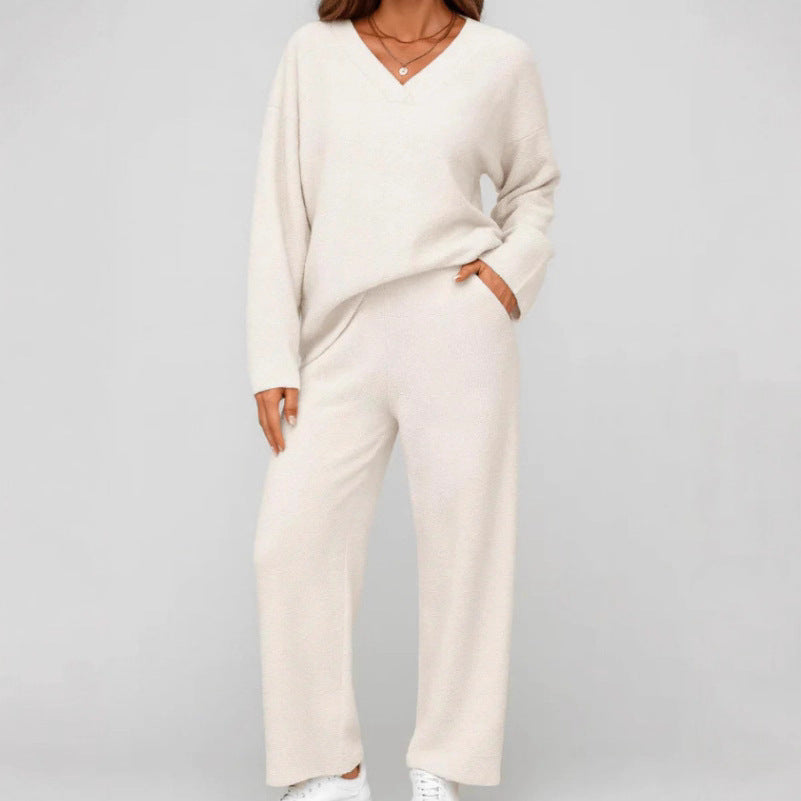 Women's V-Neck Knit 2 Piece Lounge Set Wide Leg Pants