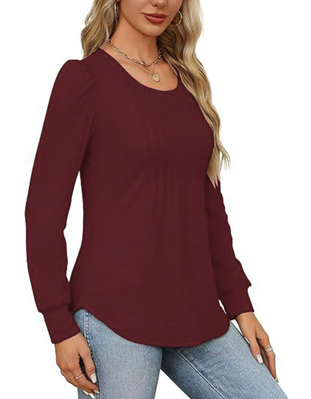 Solid Cotton Top Casual Pleated Puff Sleeve