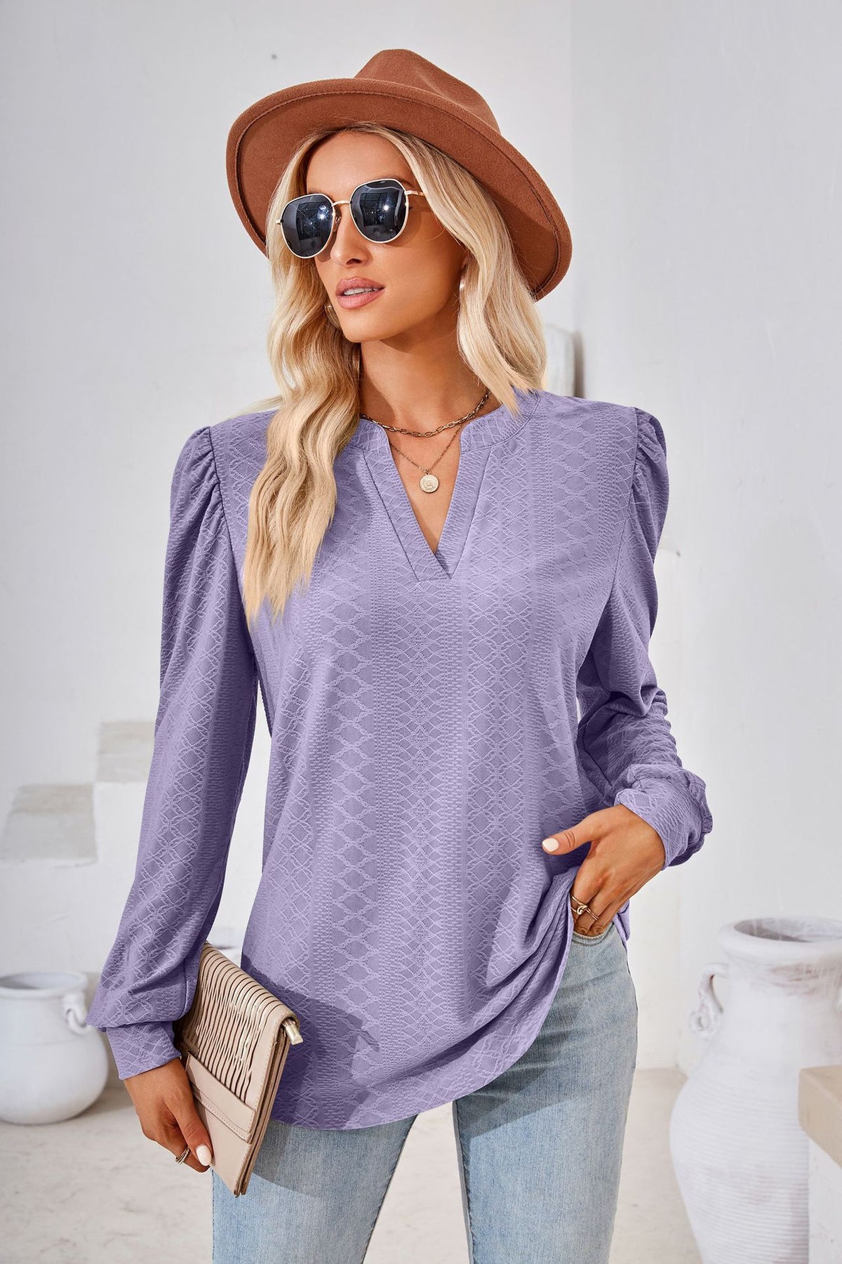 Women's V Neck Puff Sleeve Textured Long Sleeve Tunic Top