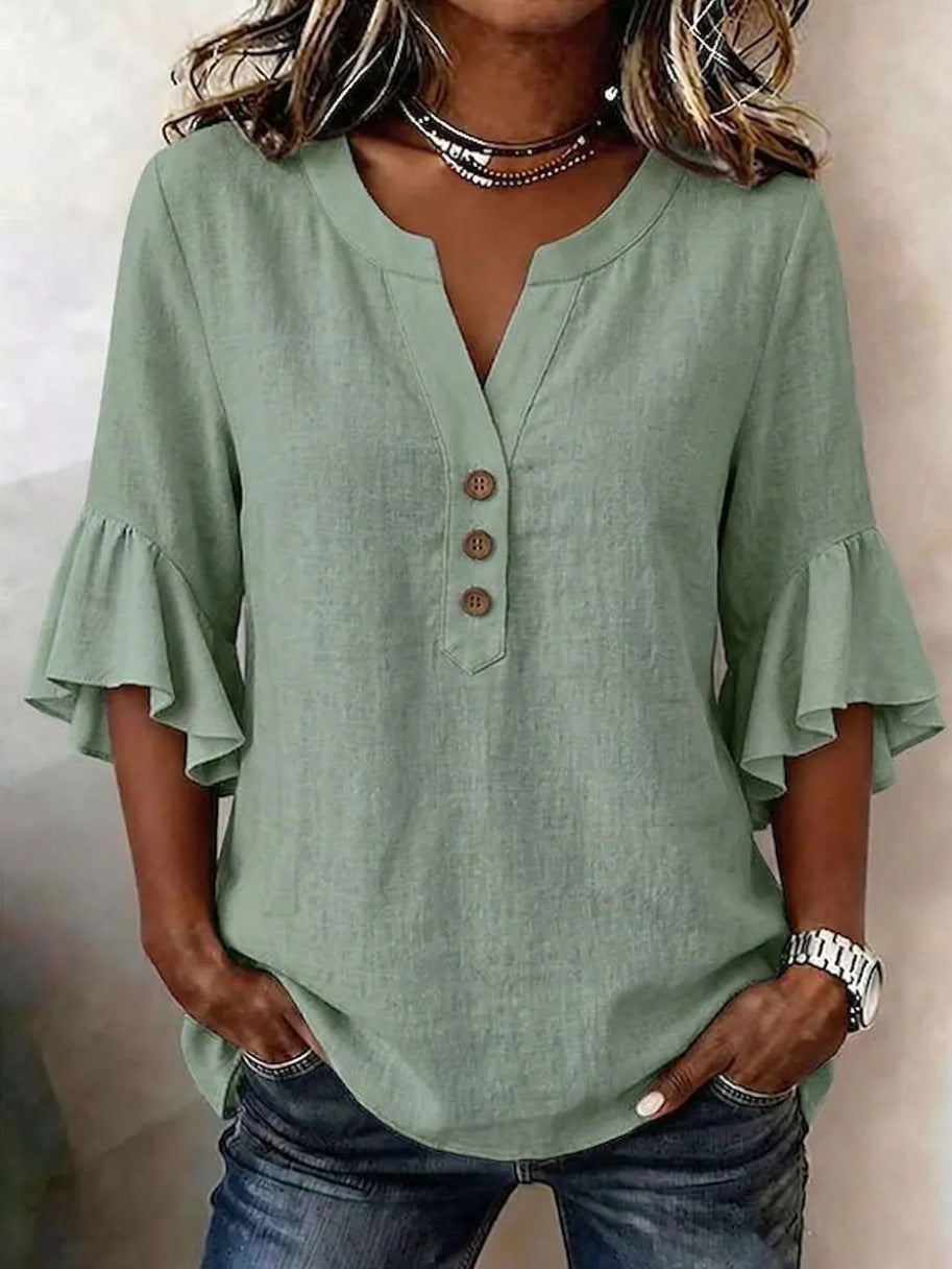 Cotton Linen Blouse Split Neck Three Quarter Bell Sleeves