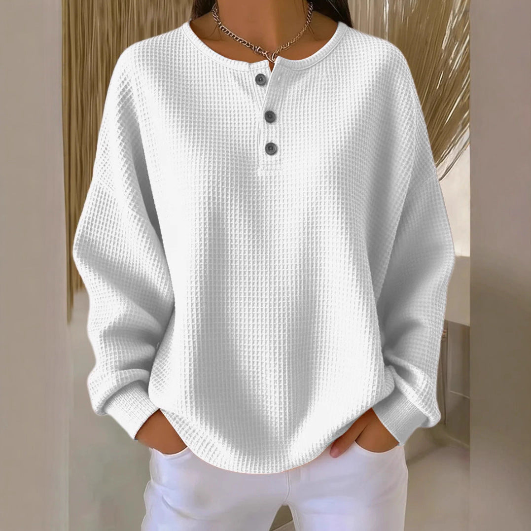 Waffle Knit Henley Top, Oversized Long Sleeve Pullover