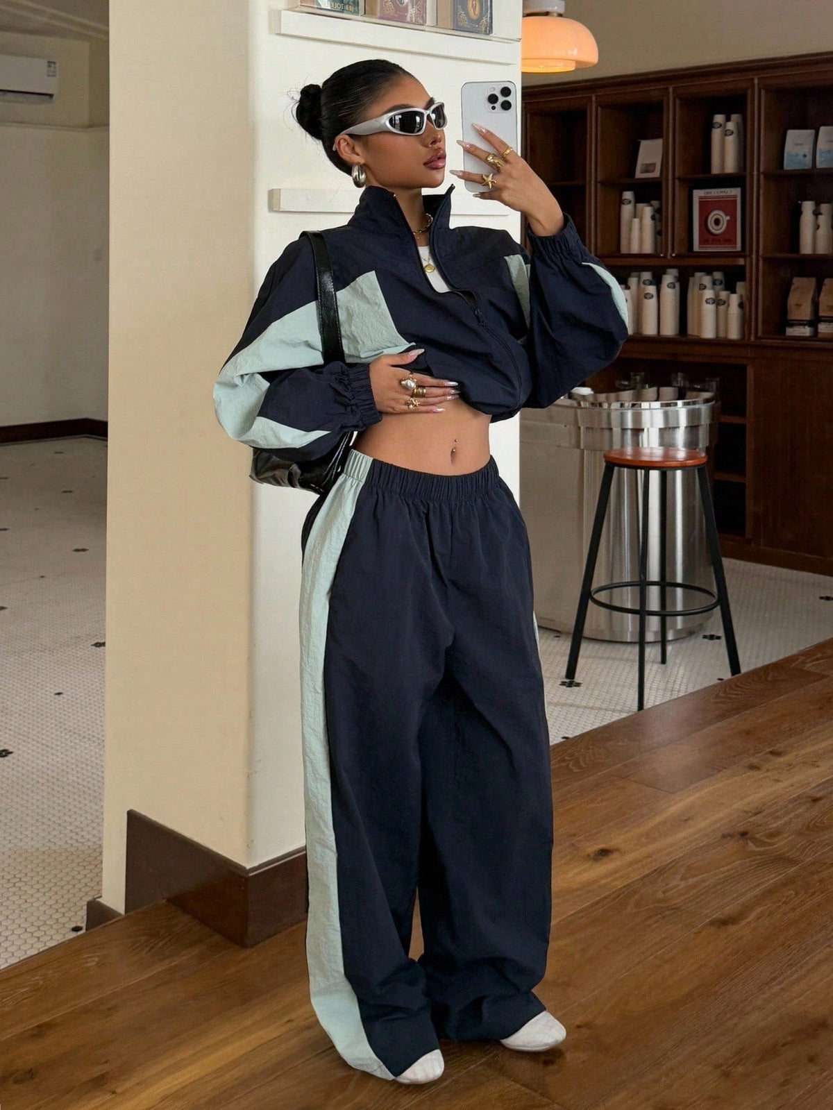 Color Block Half Zip Crop Top Wide Leg Pants Two Piece Set