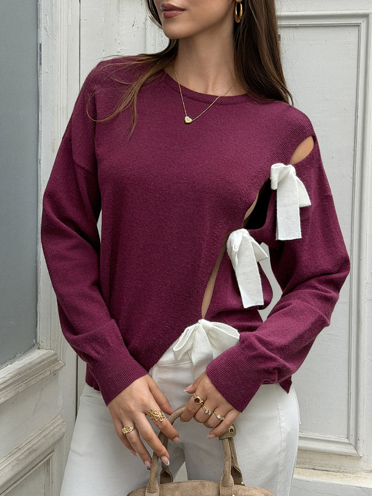 Women's Cutout Bow Sweater Burgundy Coquette Knit