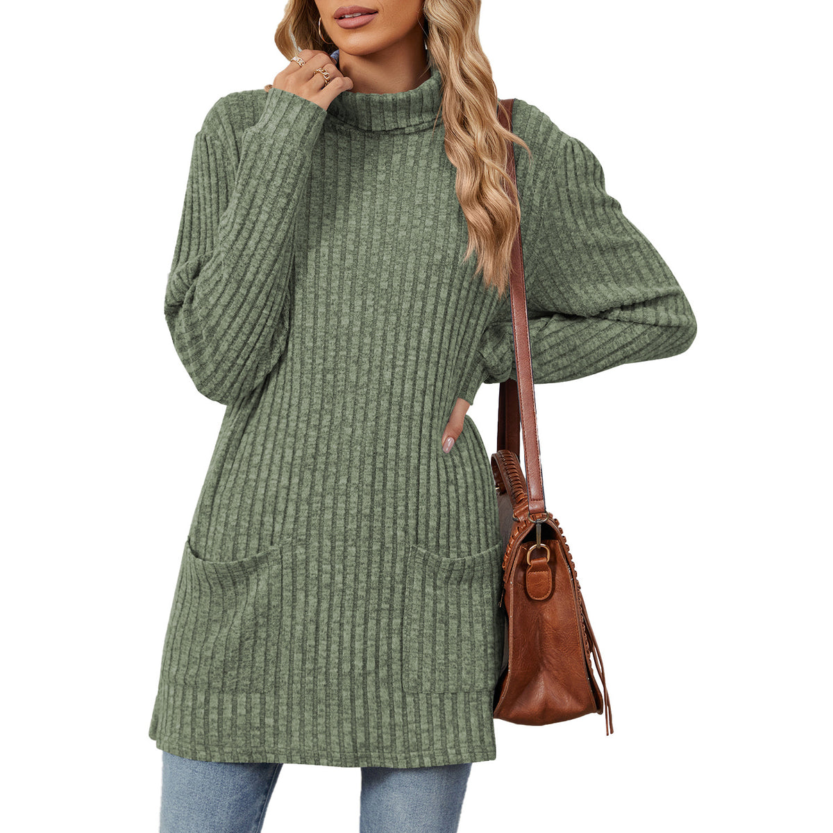 Women's Ribbed Mock Neck Long Sleeve Tunic Top with Pockets