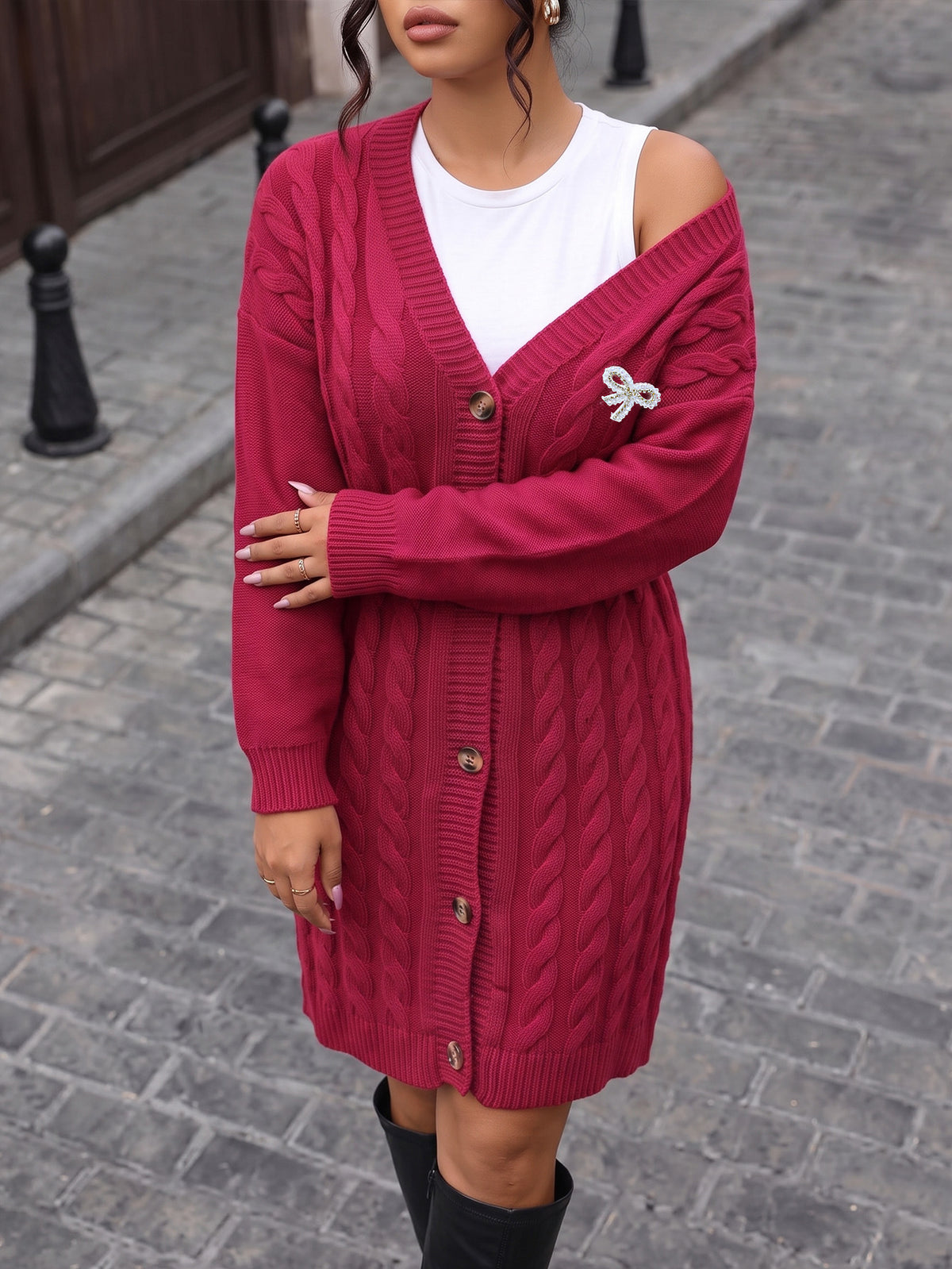 Plus Size Cable Knit Long Cardigan Rhinestone Bow Brooch