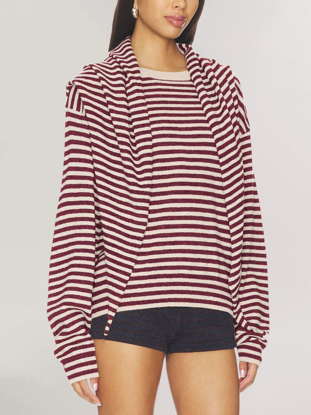 Women's Oversized Striped Sweater with Scarf Detail
