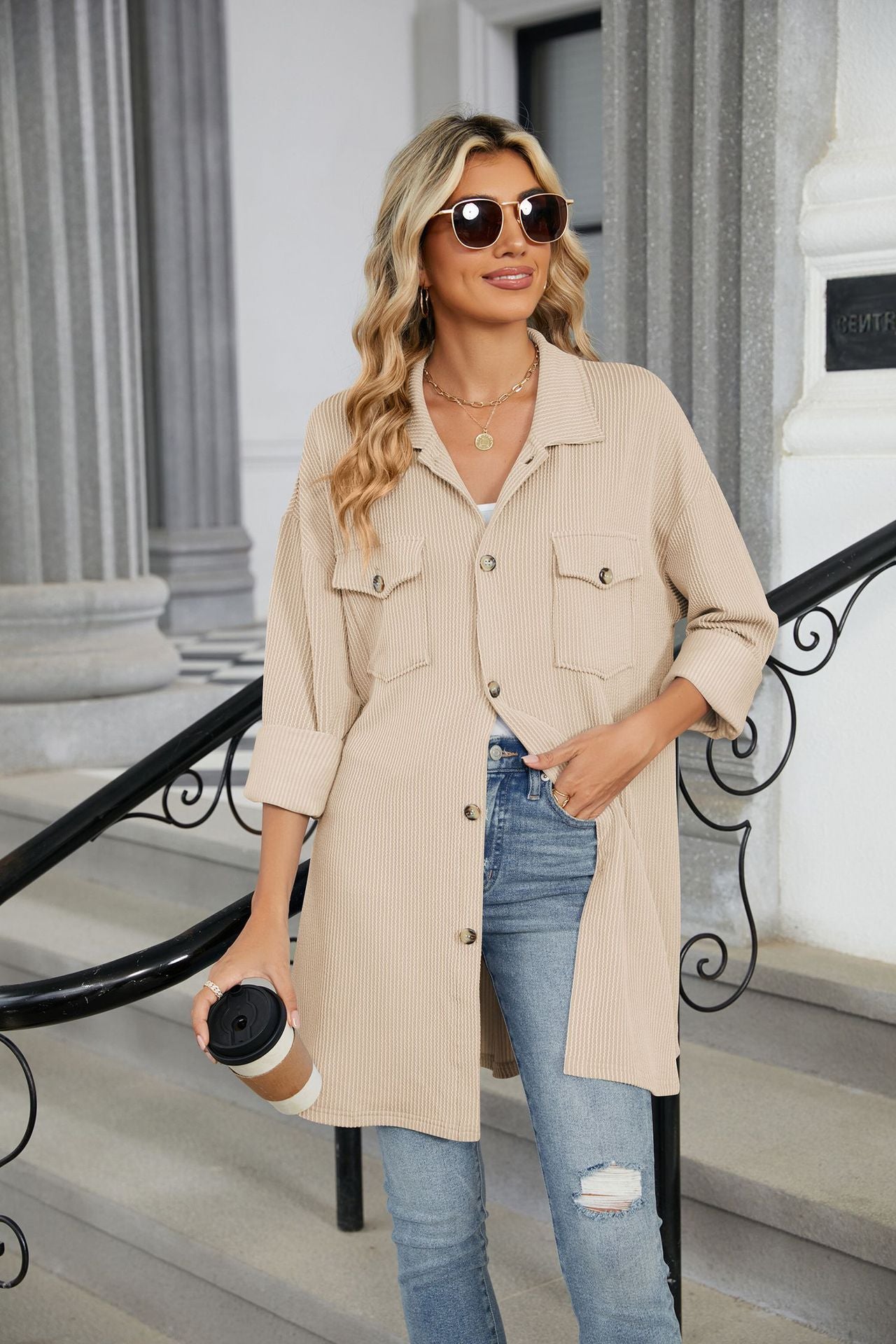 Solid Color Lapel Button Pocket Long Sleeve