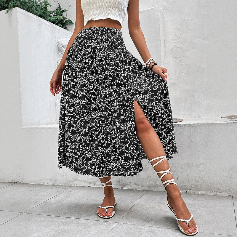 Floral Viscose Skirt Boho High Waist Slit