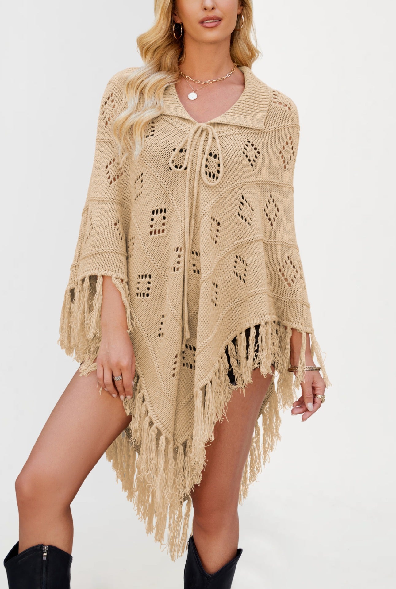 Trendy Women's Tassel Knit Poncho Sweater – Autumn Winter 2026
