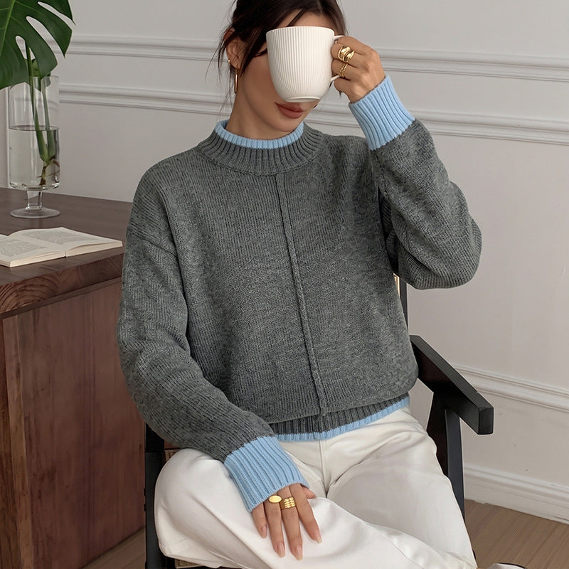 Oversized Color Block Mock Neck Pullover Sweater