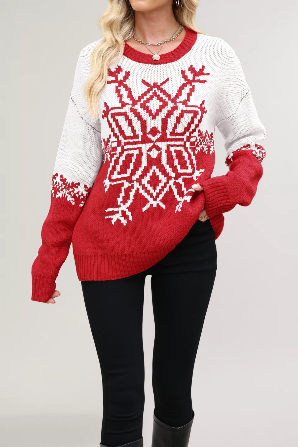 Women's Oversized Christmas Snowflake Knit Pullover Sweater