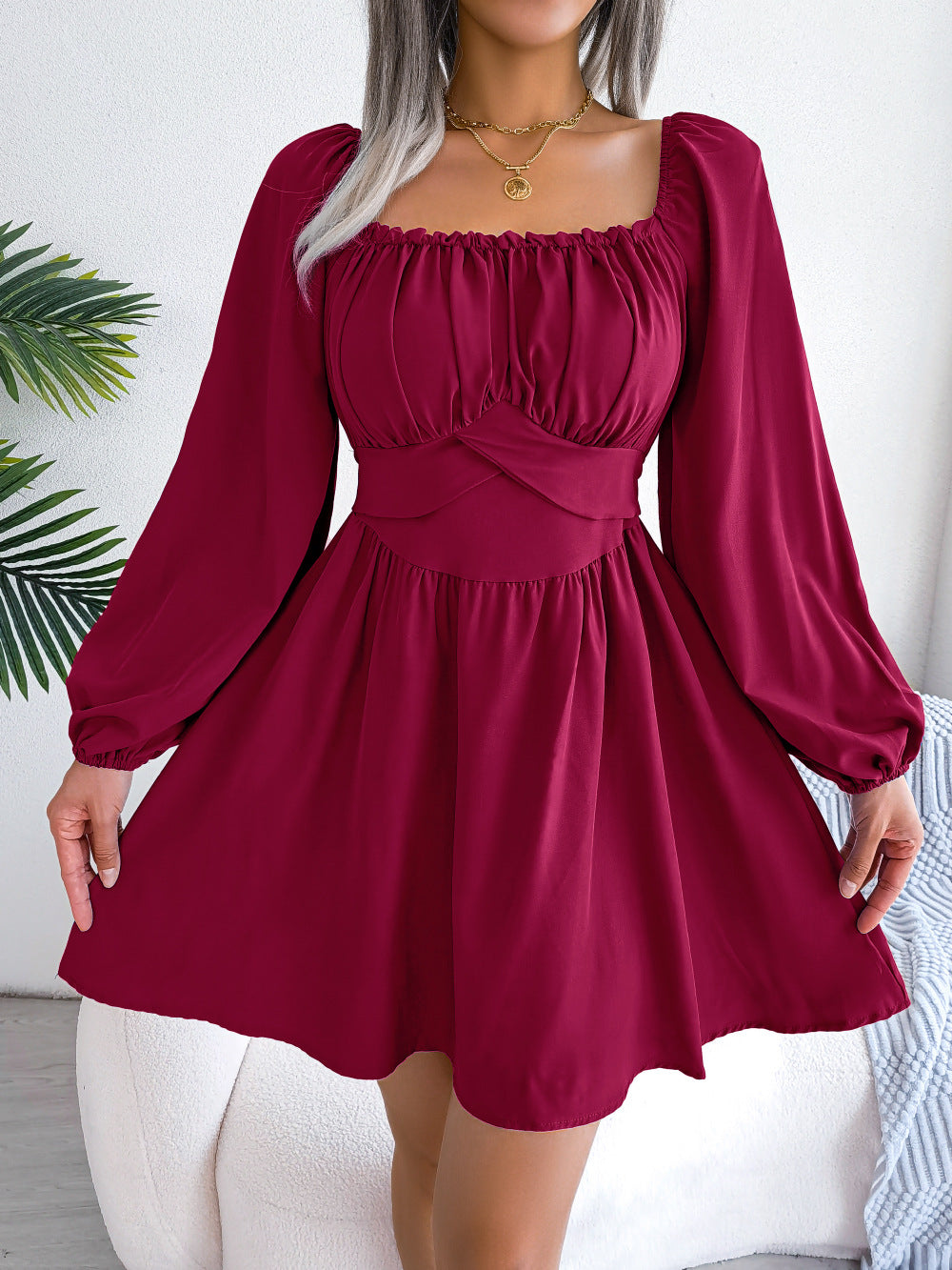 Women's Square Neck Dress Long Sleeve Elastic Waist Flowy Swing