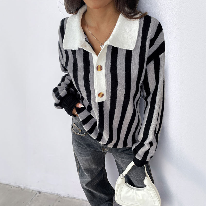 Striped Knit Pullover Sweater with Collar Long Sleeve