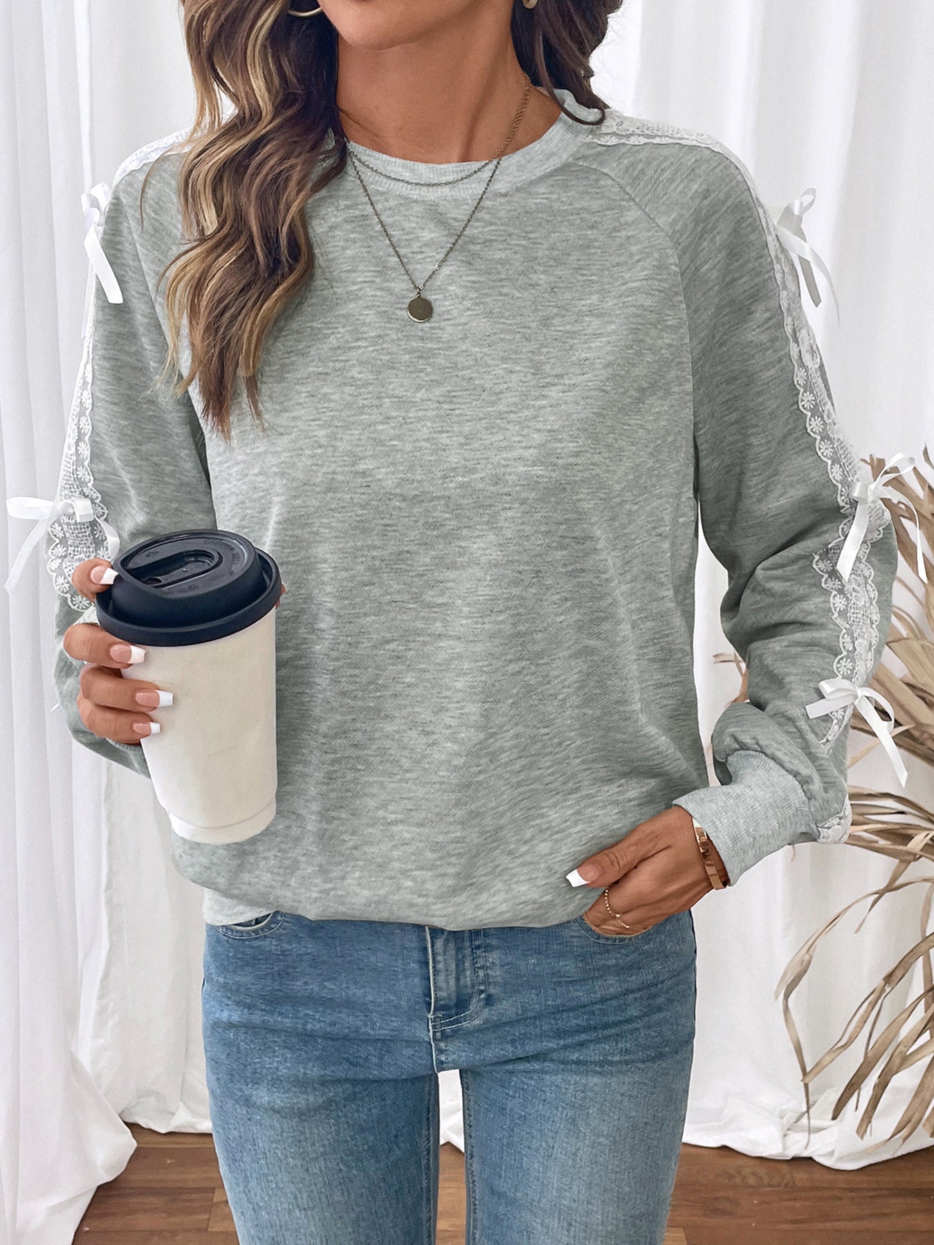 Gray Lace Bow Tie Patchwork Long Sleeve Sweatshirt