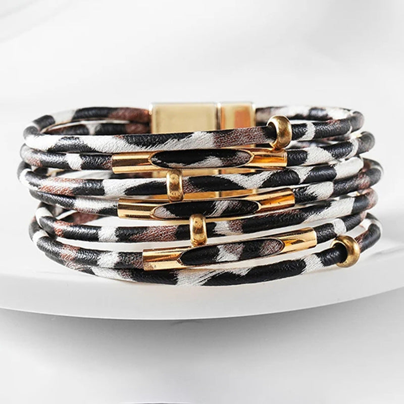 Leopard Leather Wrap Bracelet for Women Magnetic Clasp