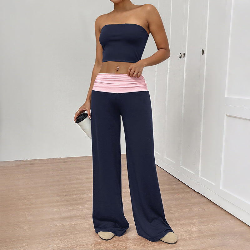 Women Strapless Tube Top Wide Leg Pants Set Summer Outfit
