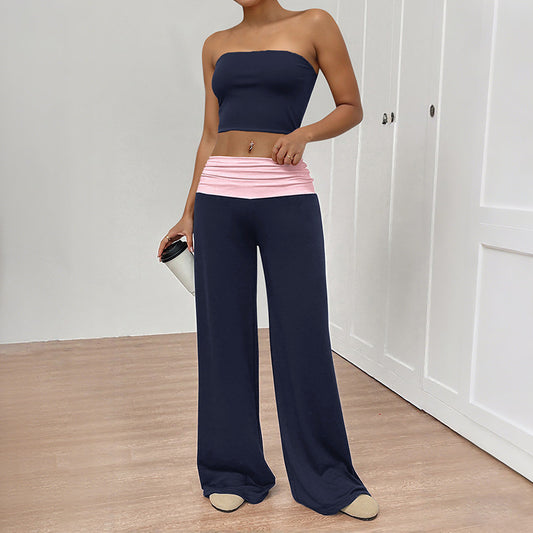 Women Strapless Tube Top Wide Leg Pants Set Summer Outfit