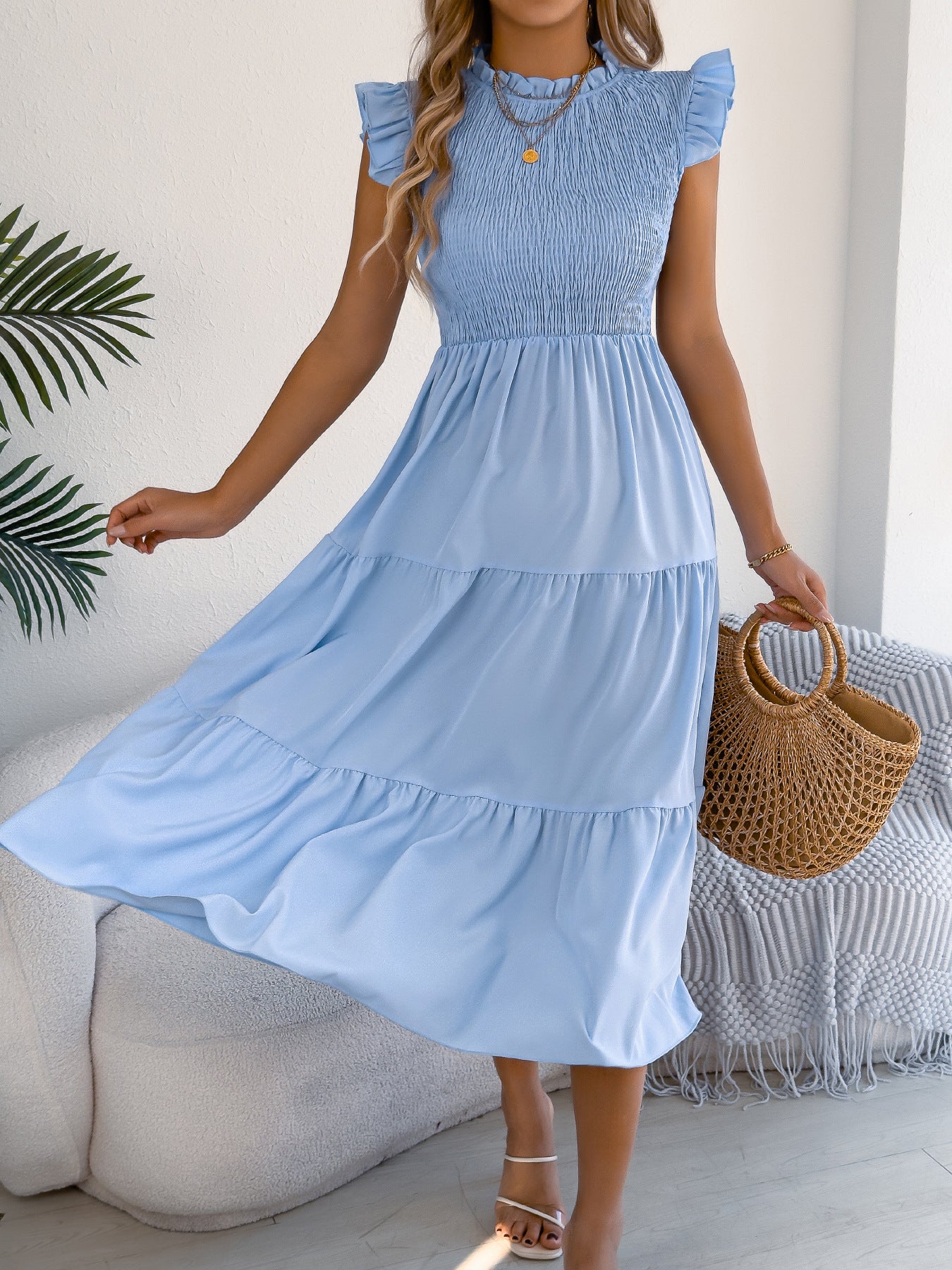 Solid Chiffon Dress Boho Smocked Ruffle Tiered