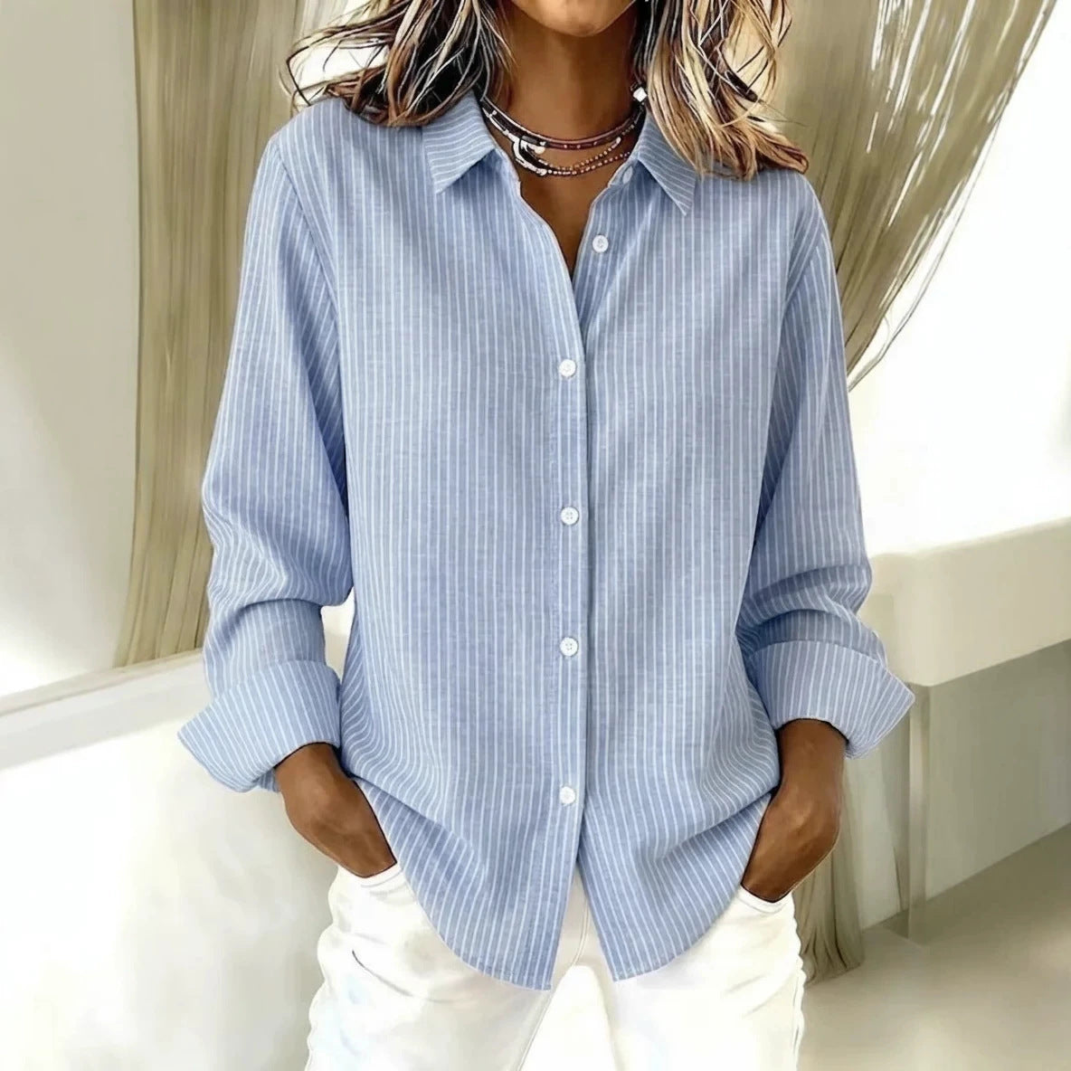 Striped Button Down Shirt, Oversized Long Sleeve Blouse