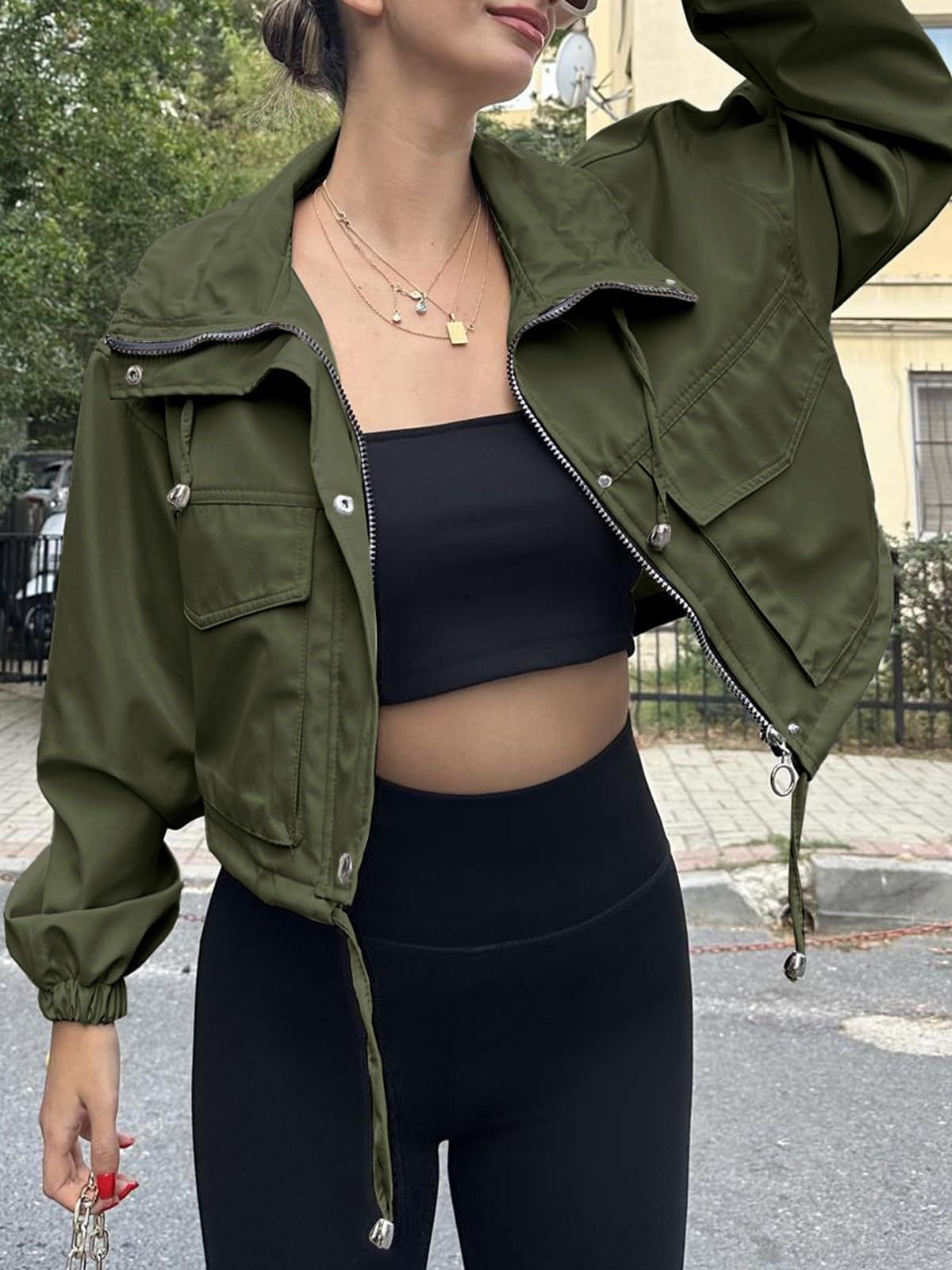 Solid Cropped Windbreaker Utility Jacket