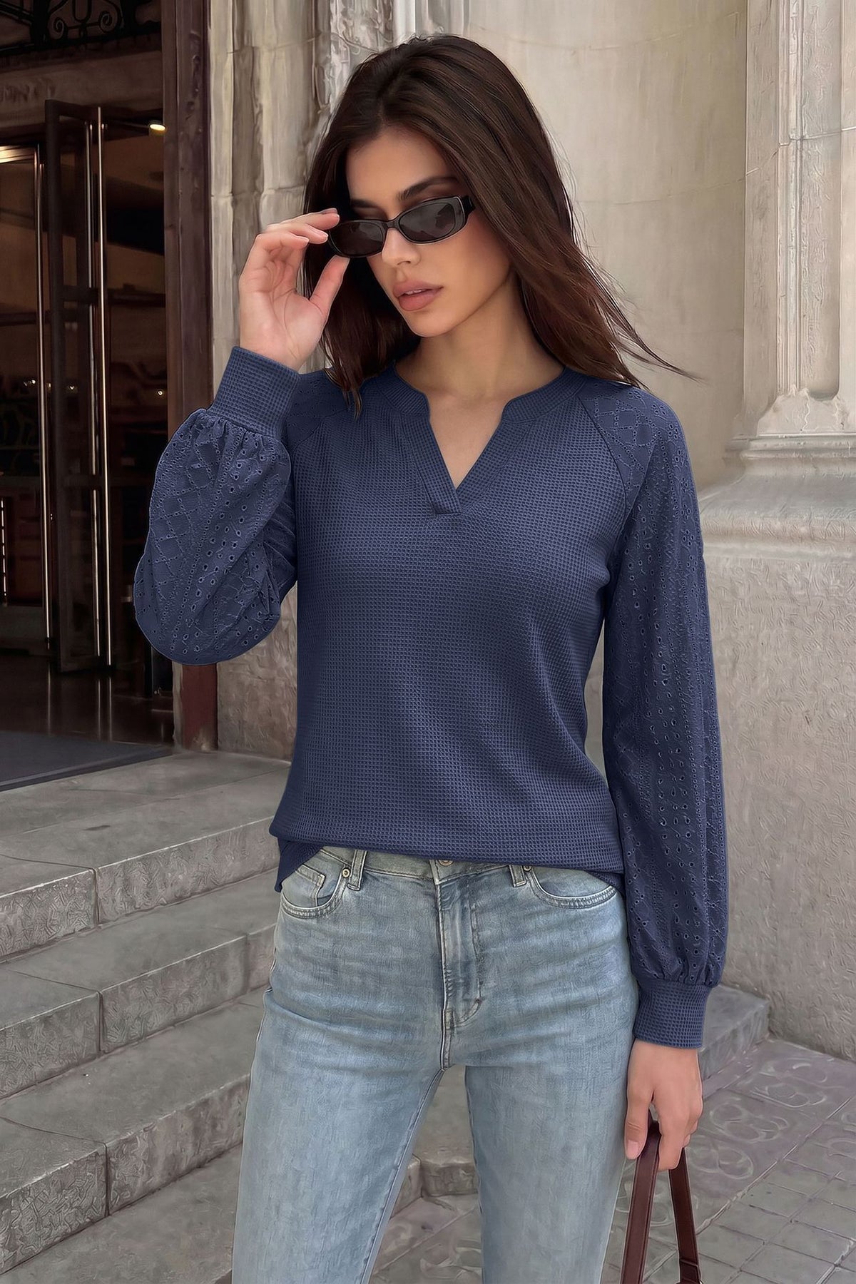 Waffle Knit V-Neck Eyelet Balloon Sleeve Casual Top