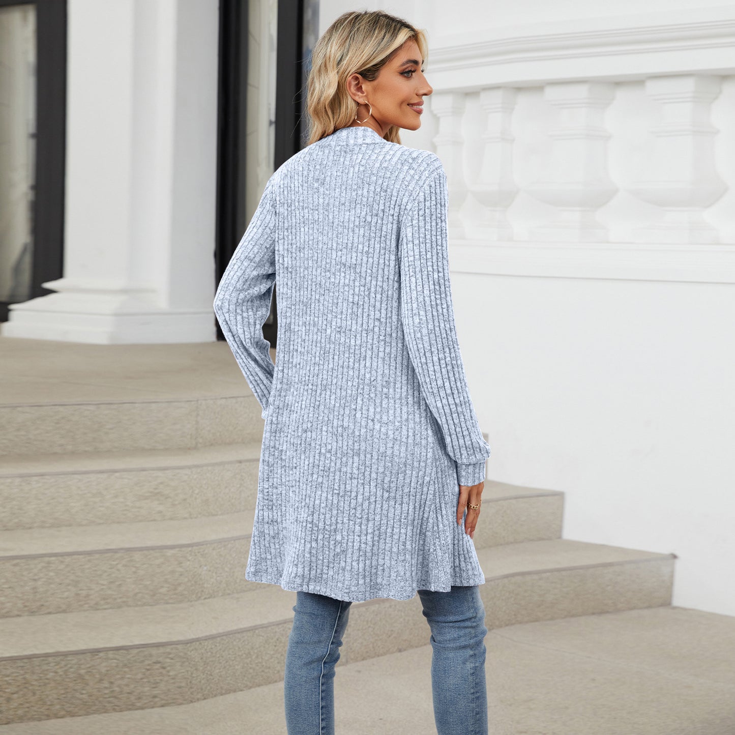 Long Solid Color Long-sleeved Loose Pocket Cardigan