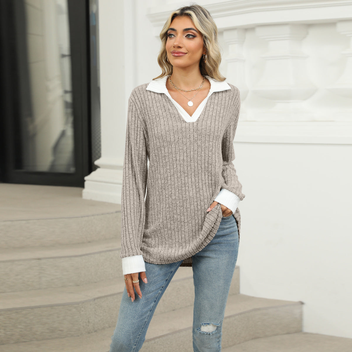 Women's Color Block Collar Long Sleeve Oversized Knit Top