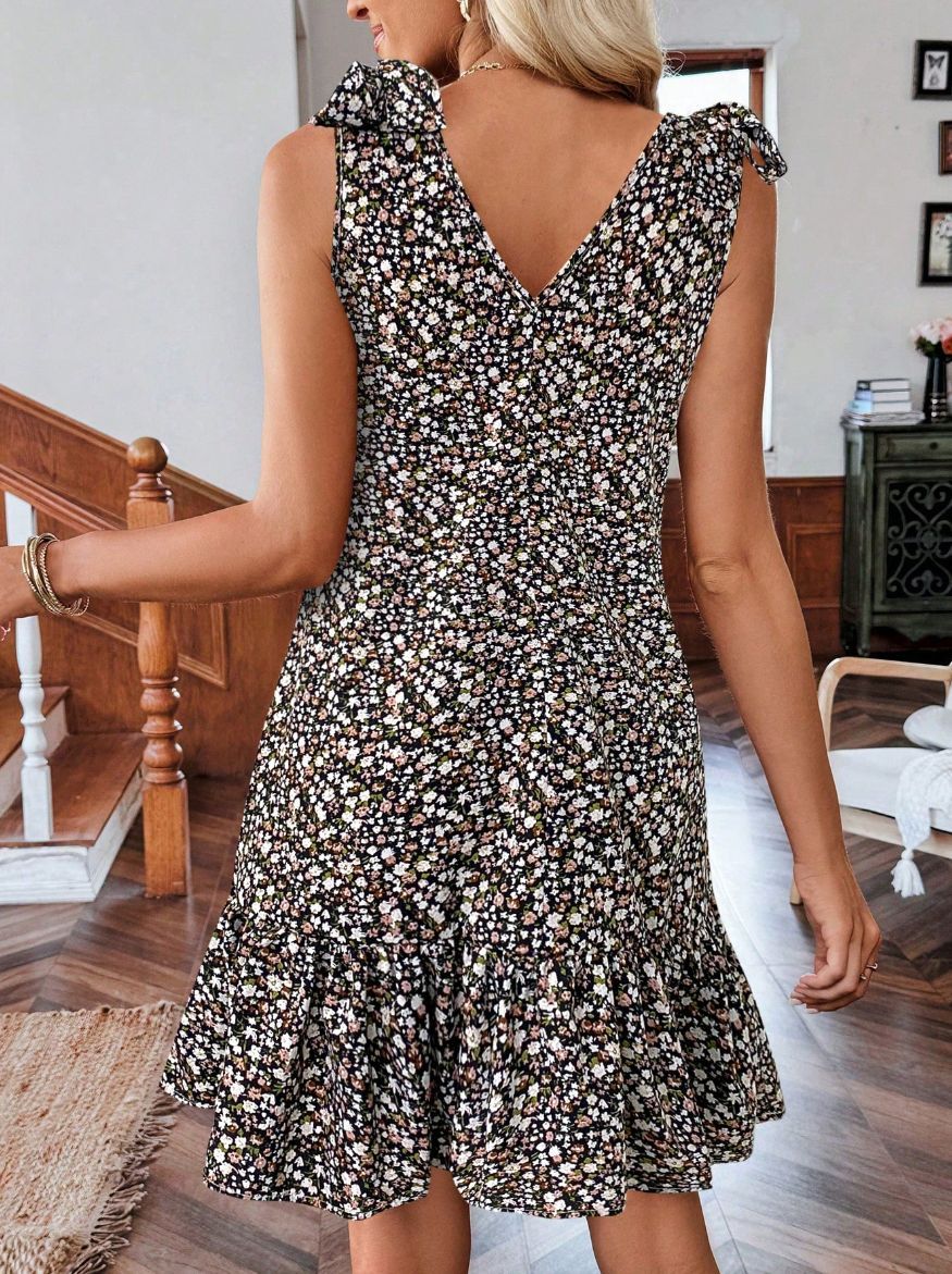 Floral Sleeveless V Neck Bow Summer Dress for Women