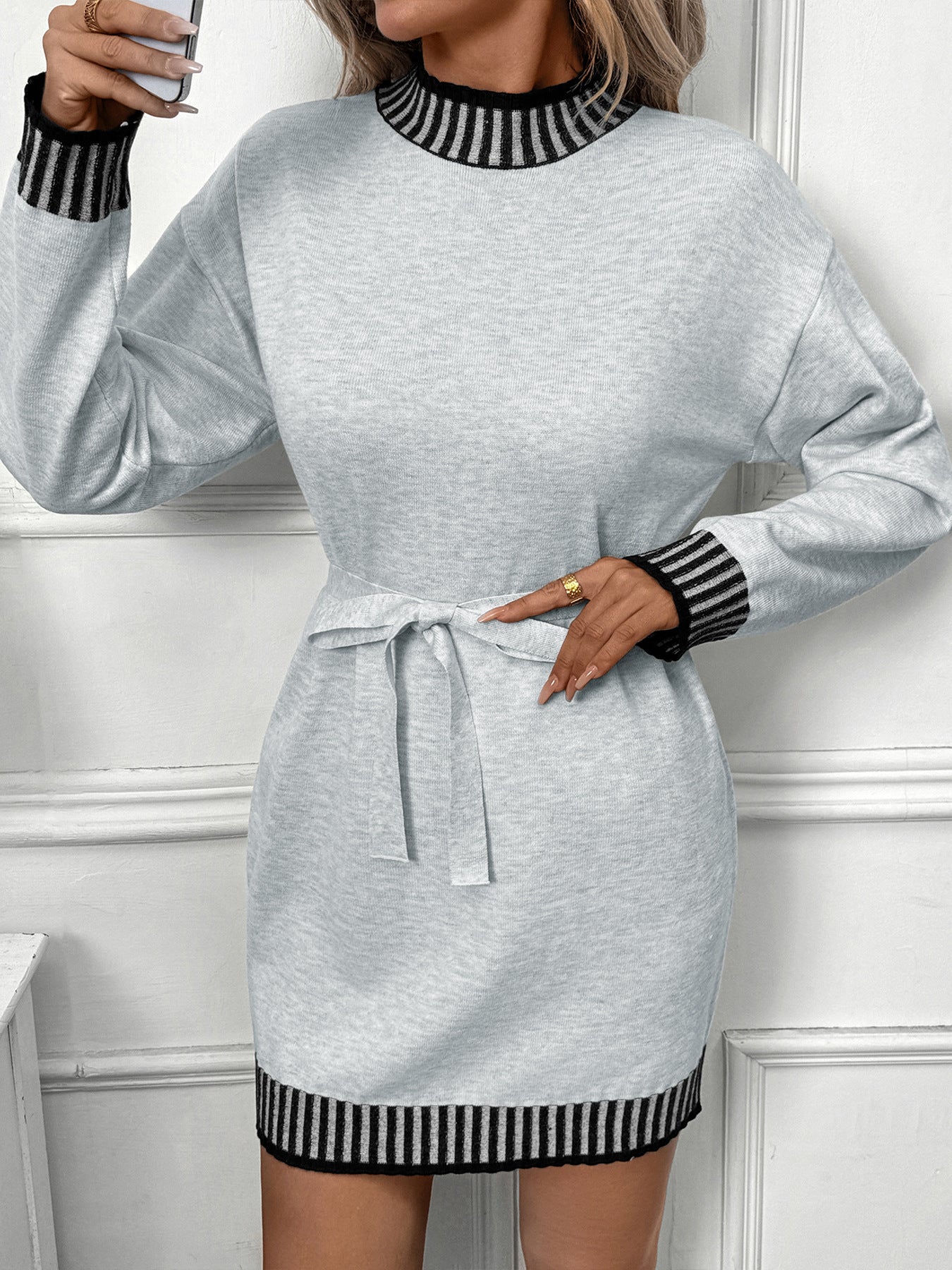Stylish Stripe Accent High Neck Sweater Dress for Fall & Winter